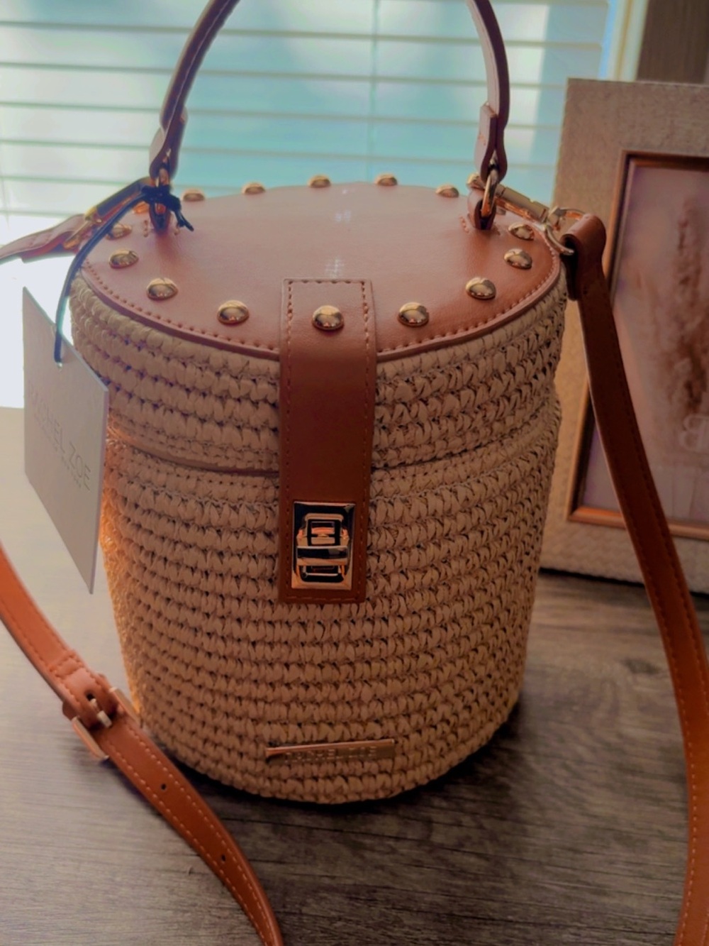 Rachel Zoe Beige Woven Mini Bucket Bag with Tan Trim